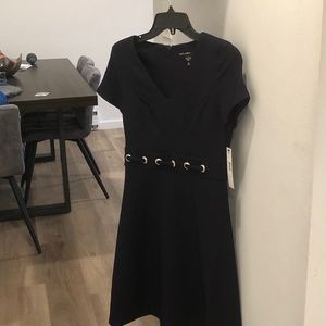 Deep V Navy Blue Maggie London Short Sleeve Dress